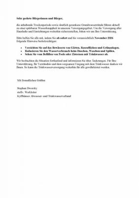 Information zur Wasserknappheit vom Kyffhäuser Abwasser- und Trinkwasserverband