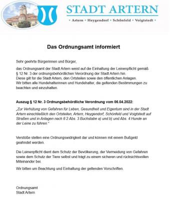 Das Ordnungsamt der Stadt Artern informiert zum Thema Leinenpflicht